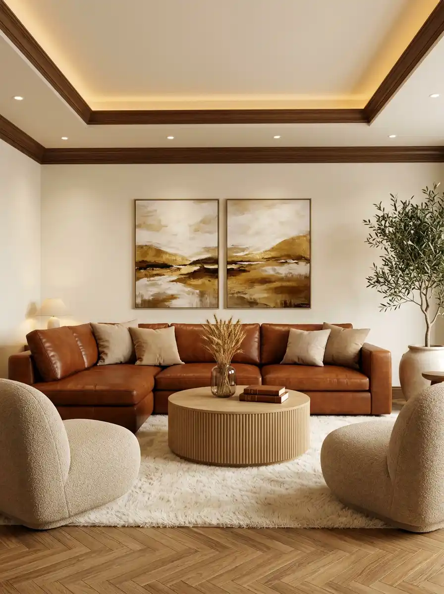 36 Luxury Organic Modern Living Ideas to Transform Your Home in 2026 - Luxury Organic Modern Living Idea: The Cognac Leather and Oak Executive Space