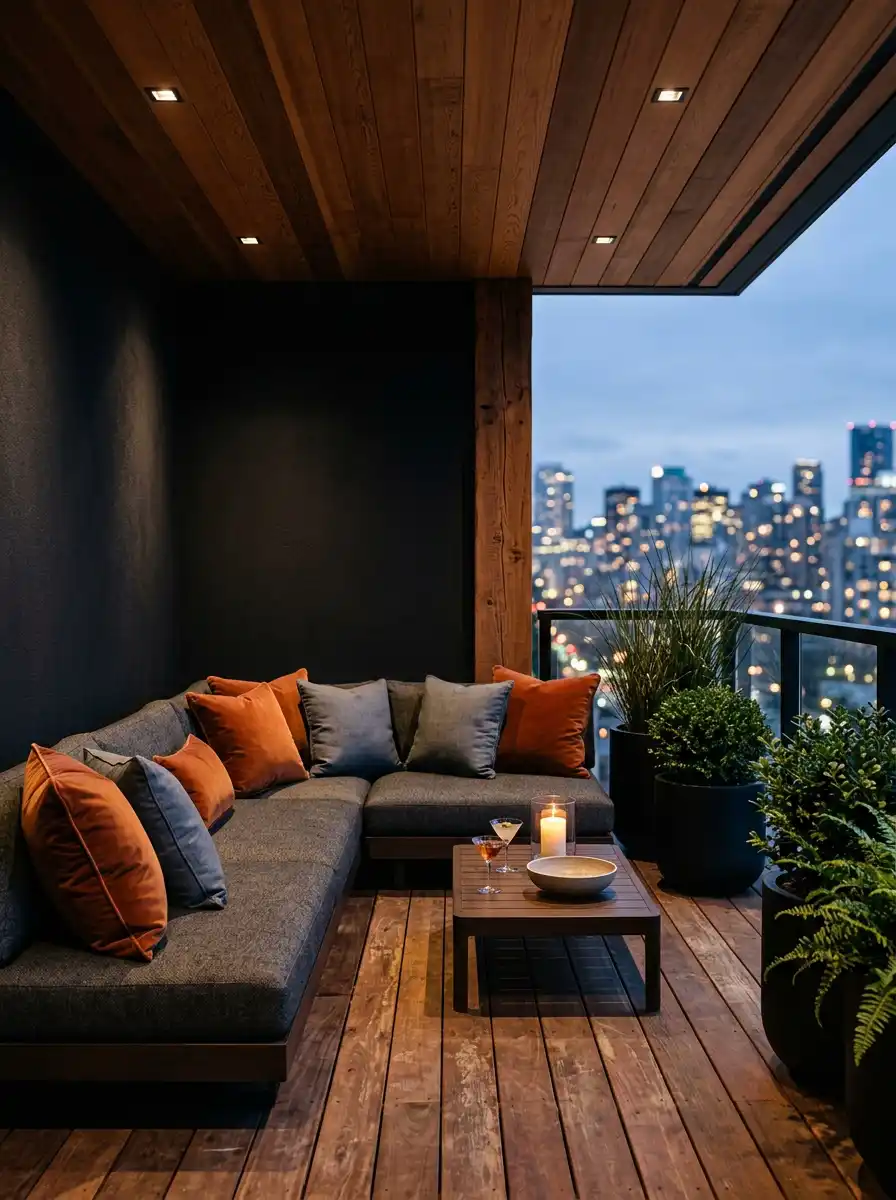 30 Luxury Modern Balcony Ideas: From Organic Modernism to High-End Minimalist Retreats 2026 - Luxury Modern Balcony Idea: The Nocturnal Lounge Suite