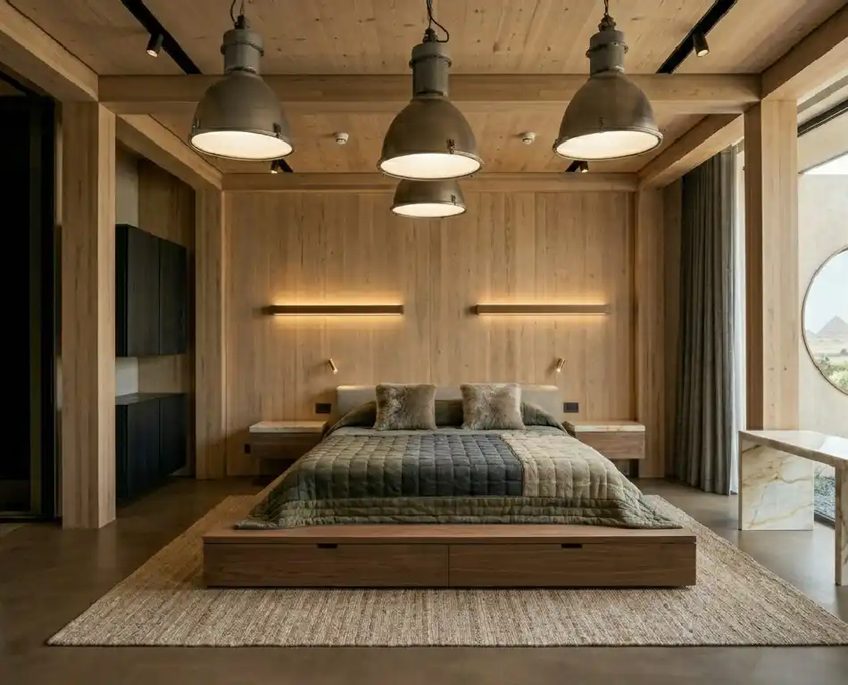 The Art of Japandi: 15  Inspiring Bedroom Designs for a Serene Sanctuary -  Quartzite and Laminated Timber Japandi Bedroom Idea  Technical Description: A high-performance bedroom concept that utilizes Taj Mahal quartzite for the primary horizontal surfaces, including the window sills and integrated desk. The stone’s durability and resistance to wear make it an ideal luxury material. The walls and ceiling are unified by a system of Cross-Laminated Timber (CLT) panels, which provide both the structural shell and the interior finish. This "all-wood" envelope is broken up by recessed black aluminum tracks that house adjustable spotlights and smoke detectors. 