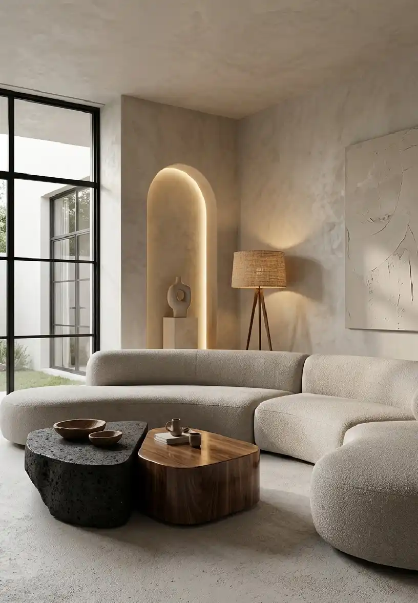 Modern Living Room Idea: The Vertical Slat & Terracotta Tonalities - Modern Living Room Idea: The Sculptural Organic Minimalism