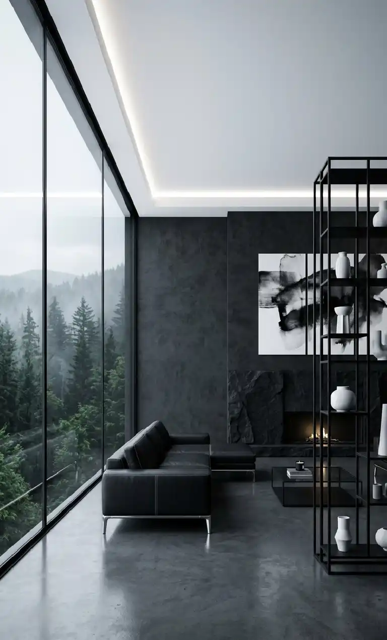 Obsidian Dreams: 22 Black Living Room Ideas to Transform Your Space 2026 - The Monochromatic Glass Pavilion living roon