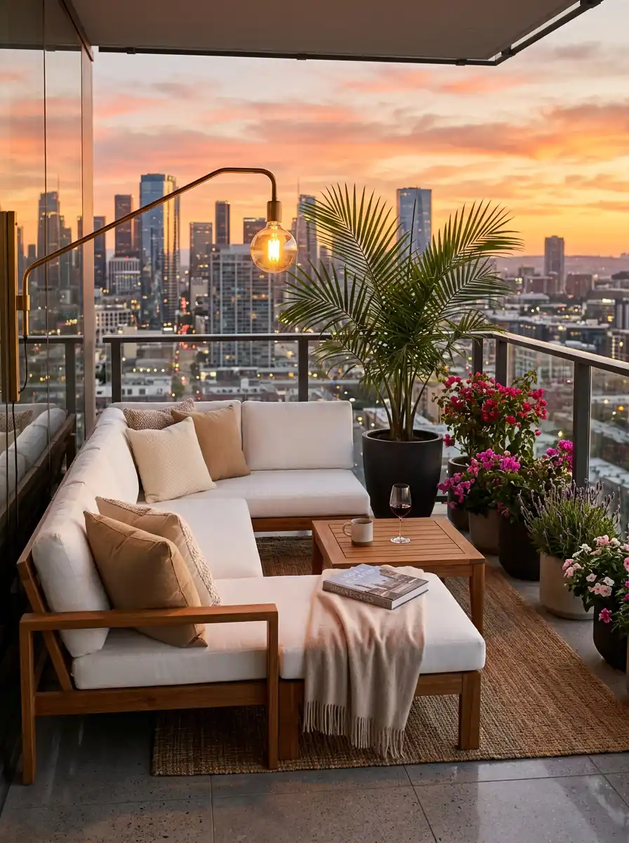 Luxury Modern Balcony Ideas : Textural and Tiered Natural Elegance - Luxury Modern Balcony Ideas : Elegant Sunset Suite with Iconic Lighting