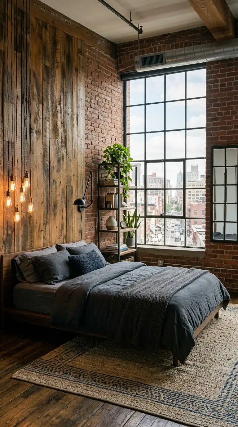 27. The Mixed-Media Feature: Industrial Bedroom Idea