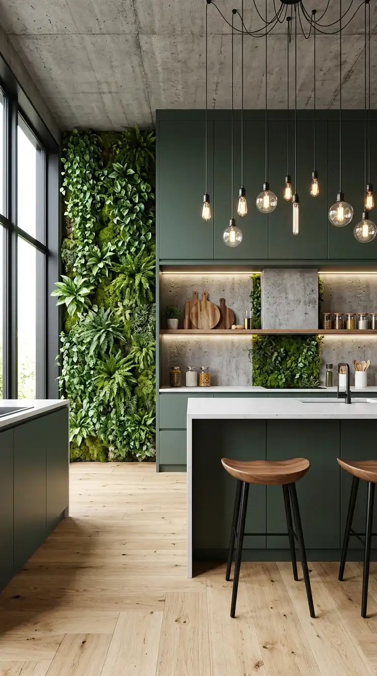 26. Industrial Chic: Matte Dark Green Cabinets with Concrete and Live Greenery Wall