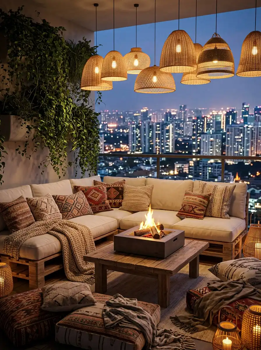 Luxury Modern Balcony Ideas : Elegant Sunset Suite with Iconic Lighting - Luxury Modern Balcony Ideas : Warm Boho-Chic Hideaway with Fire Pit Focus