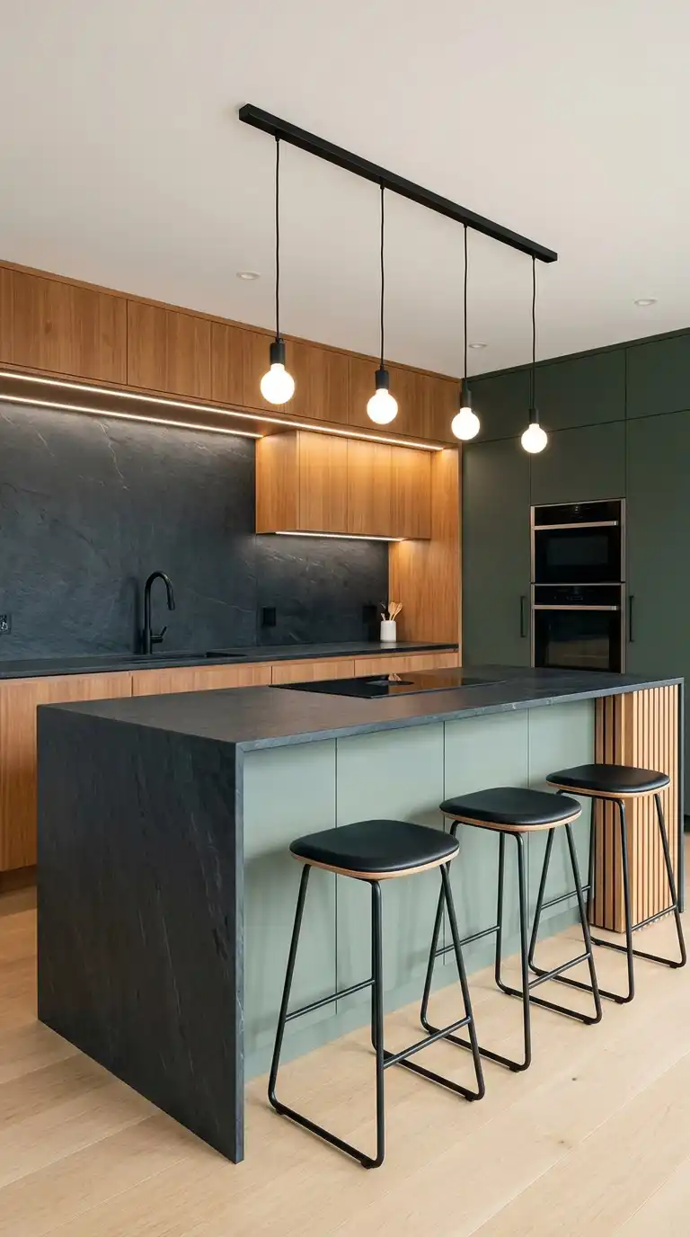 27. Mid-Century Modern Sophistication: Two-Tone Cabinets and Dark Slate Island