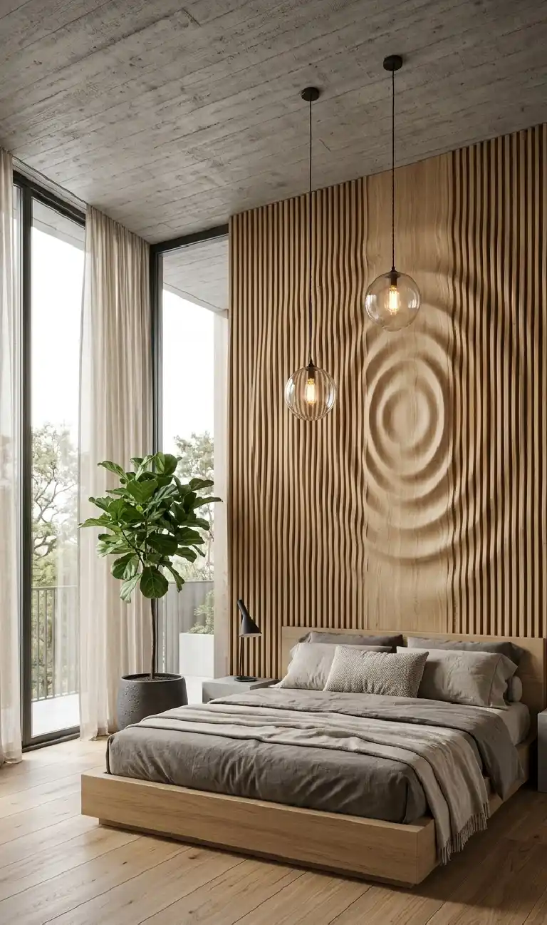 Organic Modern Bedroom: The Zen Rattan Retreat - A hyper-realistic architectural visualization of a master suite featuring a floor-to-ceiling parametric accent wall.