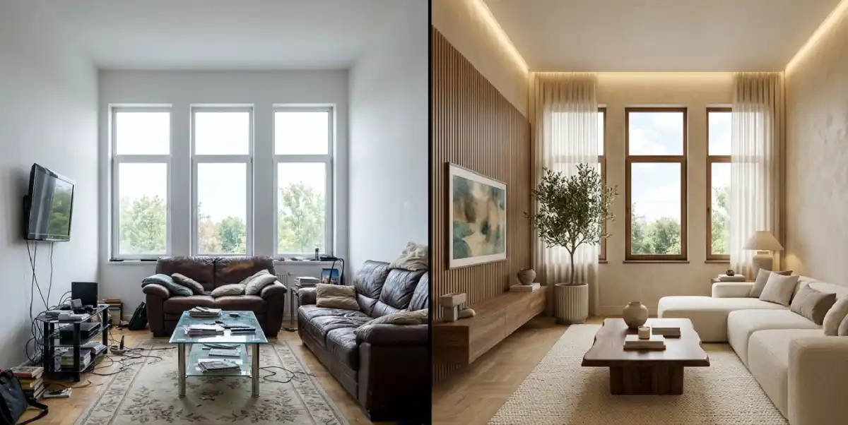 1. Architectural Synergy: The "Before & After" Structural Integrity - From a cold, uninspired space to a warm, textural masterpiece. Modern living room Before & After inspiration.