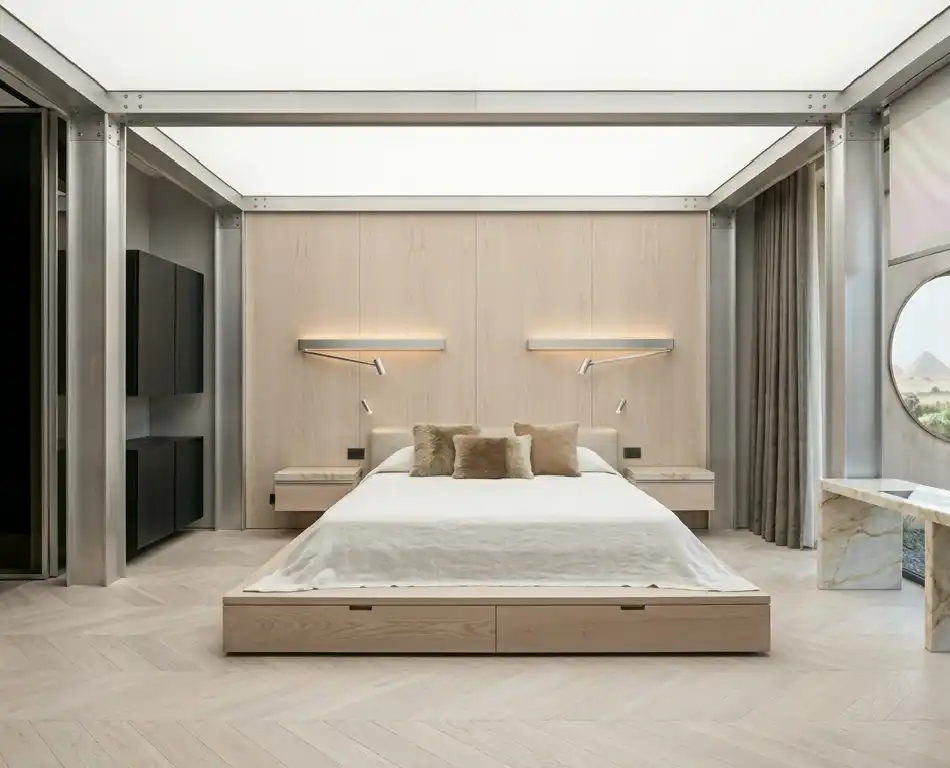 The Art of Japandi: 15  Inspiring Bedroom Designs for a Serene Sanctuary - Brushed Aluminum and Ash Wood Japandi Bedroom Idea  Technical Description: This design pushes the Japandi style into a more futuristic, high-tech territory by combining light-colored ash wood with brushed aluminum. The ash wood provides a pale, fine-grained surface for the wall cladding and the bed frame, while aluminum is used for the baseboards, door frames, and a custom-designed suspended shelving unit. The ceiling features a tensioned fabric light box that emits a perfectly diffused, shadow-free light across the entire room, mimicking a massive skylight.