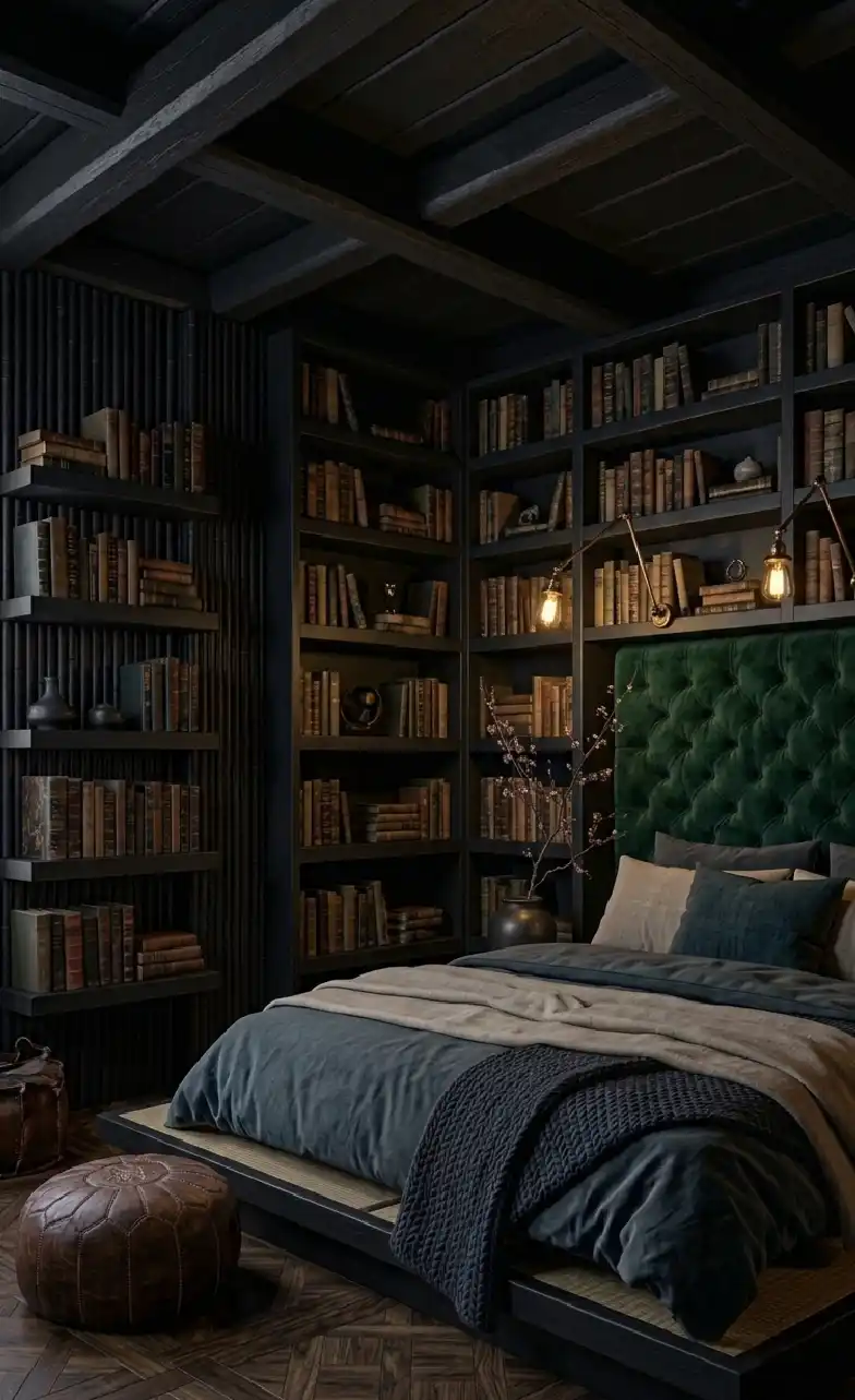 +20 Masterpieces of Shadow: The Ultimate Guide to Dark Moody Bedroom Design - A bibliophile’s dream, this dark moody bedroom idea uses dark shelving to create an enclosed,