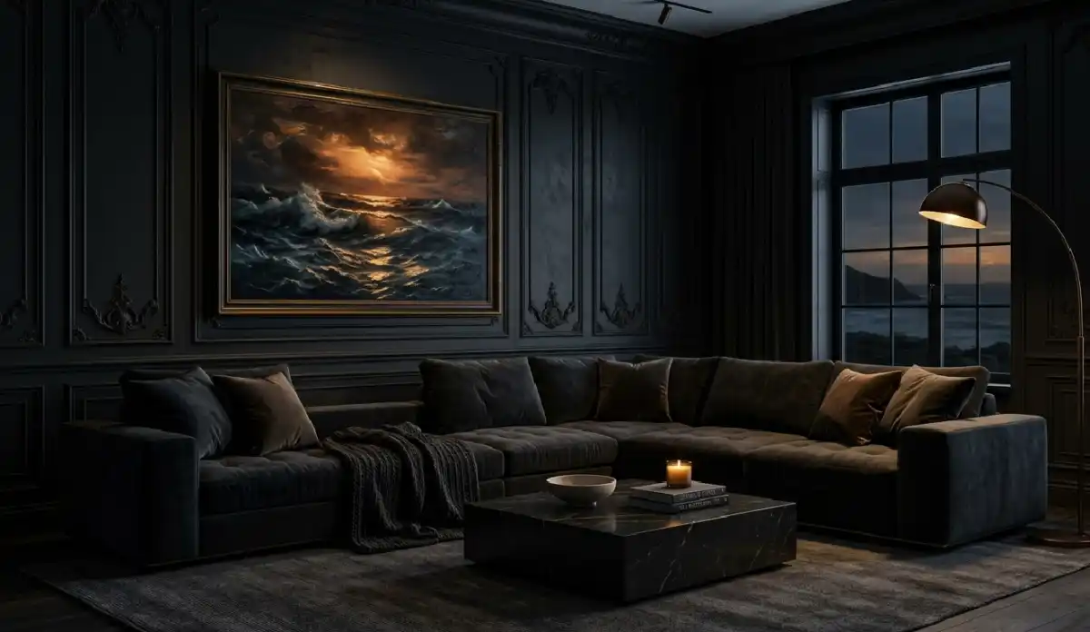 +20 Breathtaking Ideas to Master the Dark Living Room Style: A Definitive Guide to Moody Elegance, Cinematic Textures, and High-End Noir Interior Design for the Modern Home - 1. The Dramatic Seascape Loft