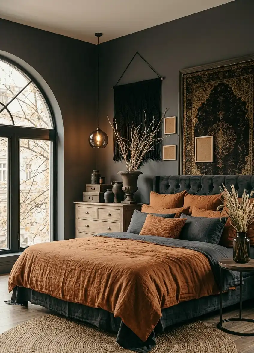 39+ Inspiring Bedroom Ideas: Where Rustic Simplicity Meets Dark Palace Elegance. - A rich and atmospheric photograph of a moody and sophisticated bedroom that blends dark tones with rustic textures.