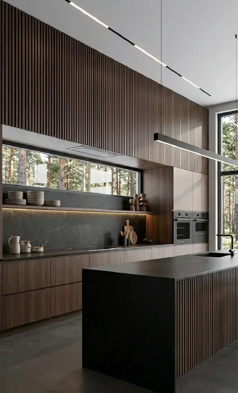 +30 Luxury Modern Kitchen Ideas: Redefining Industrial Noir and Japandi Minimalism -  Luxury Modern Kitchen Idea: Fluted Wood Island with Noir Granite