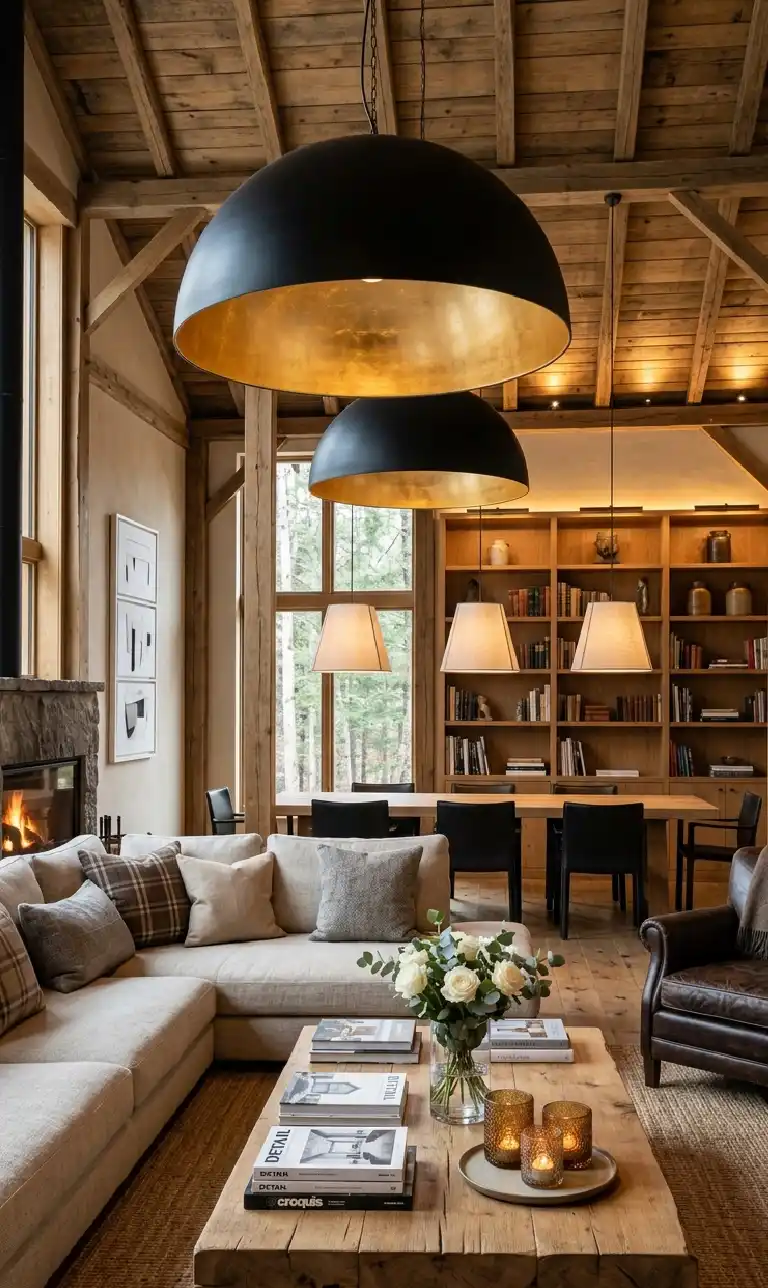 24 Moody Living Room Ideas That Redefine Dark Elegance with Bright Accents - High-resolution architectural interior photography of a vertical, cozy, modern rustic open-plan living and dining room.