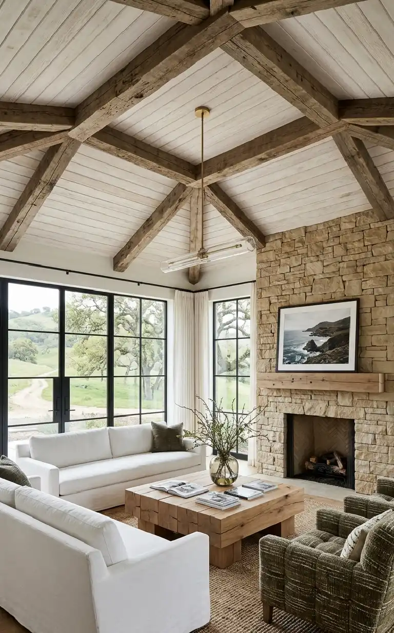 26 Luxury Farmhouse Living Rooms: A Masterclass in Inspiration, Rustic Elegance, and Architectural Grandeur 2026 - A modern-rustic wide-angle photograph of a Luxury Farmhouse living room