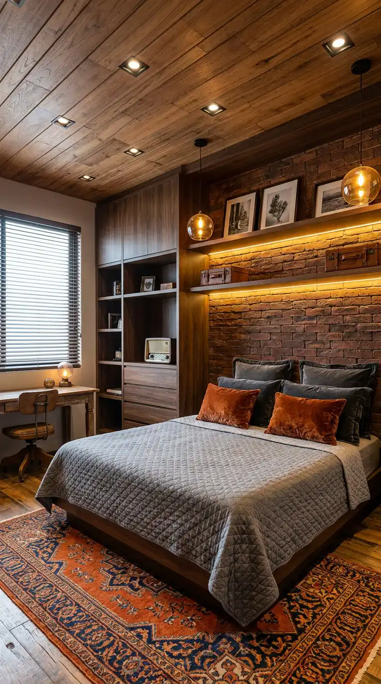 3. Tailored Texture and Smart Storage: An Organized Industrial Bedroom Idea