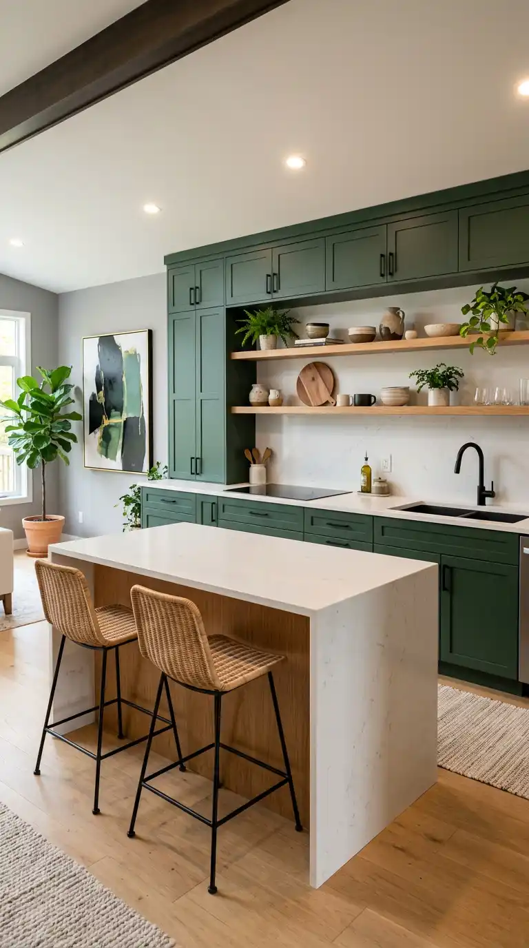 28. Dramatic Contrasts: Green Cabinets with White Quartz and Natural Wood Island Base