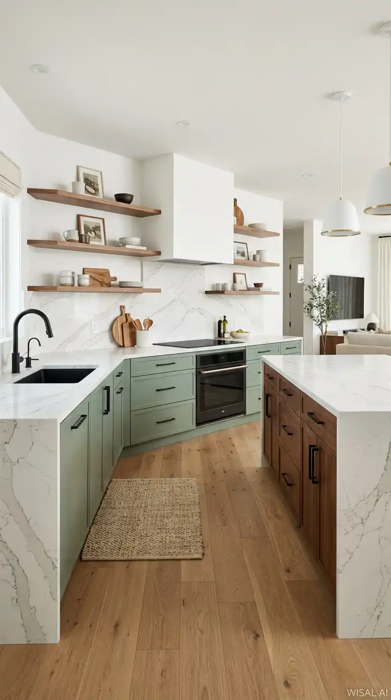 29. Luxurious Naturalism: Sage Green Cabinets, Quartz Countertops, and Walnut Island