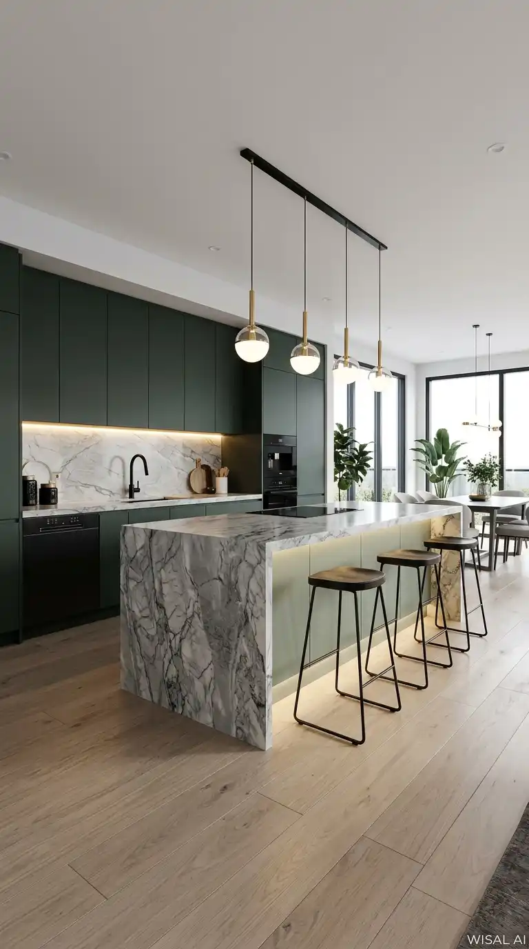 30. Glamorous Modern Living: Sage Green, Quartzite Waterfall Island, and Gold Accents