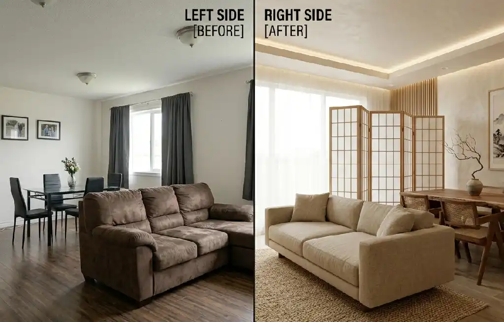 1. Architectural Synergy: The "Before & After" Structural Integrity - 21 Days of Design: Elevating a standard living room into a high-end Japandi retreat. Bespoke craftsmanship at its best.