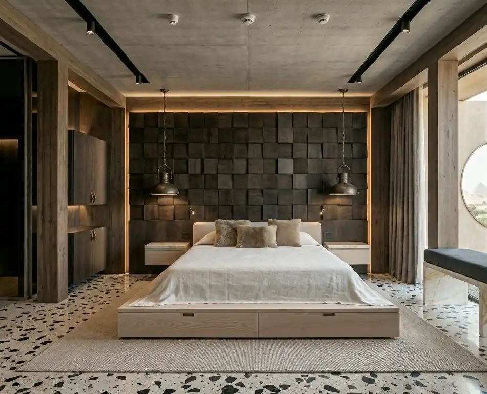 The Art of Japandi: 15  Inspiring Bedroom Designs for a Serene Sanctuary - . Terrazzo and Dark Maple Japandi Bedroom Idea  Technical Description: A texture-rich bedroom featuring a custom-poured terrazzo floor with large aggregate chips of obsidian and quartz. This cold, hard surface is balanced by the extensive use of dark-stained maple wood for the furniture and wall paneling. 