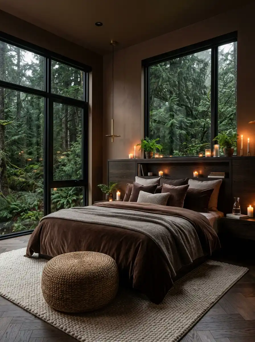 Luxury Mocha Bedroom Idea: The Dark Moody Forest View - Luxury Mocha Bedroom Idea: The Rustic High-End Suite