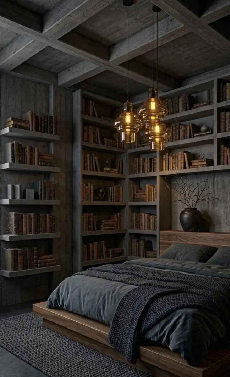 +20 Masterpieces of Shadow: The Ultimate Guide to Dark Moody Bedroom Design - Softening cold concrete with warm amber light and wood creates a balanced and visually striking dark moody bedroom idea