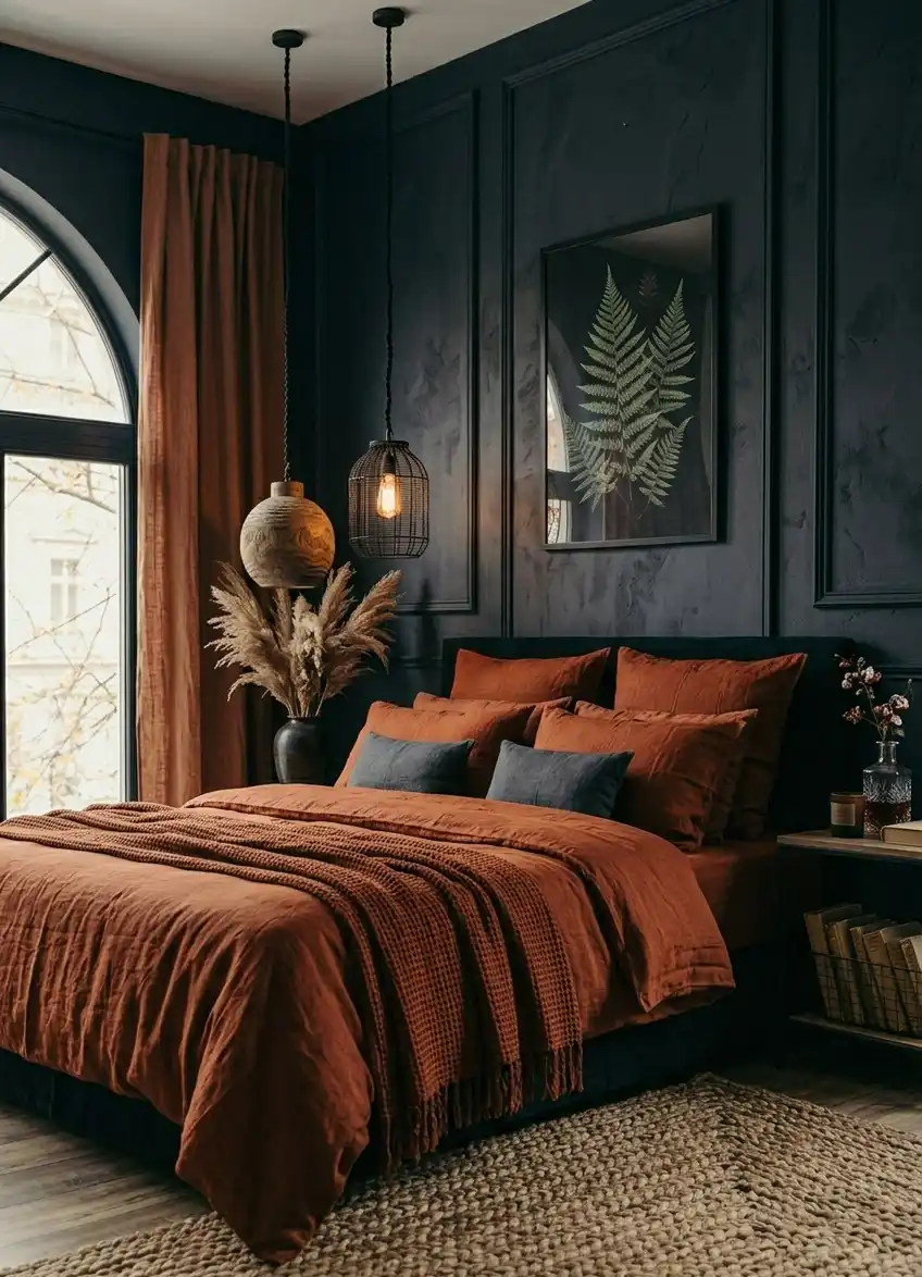 39+ Inspiring Bedroom Ideas: Where Rustic Simplicity Meets Dark Palace Elegance. - A richly saturated and deeply atmospheric photograph of a moody and sophisticated bedroom with a strong focus on a dramatic rust color palette against dark walls.
