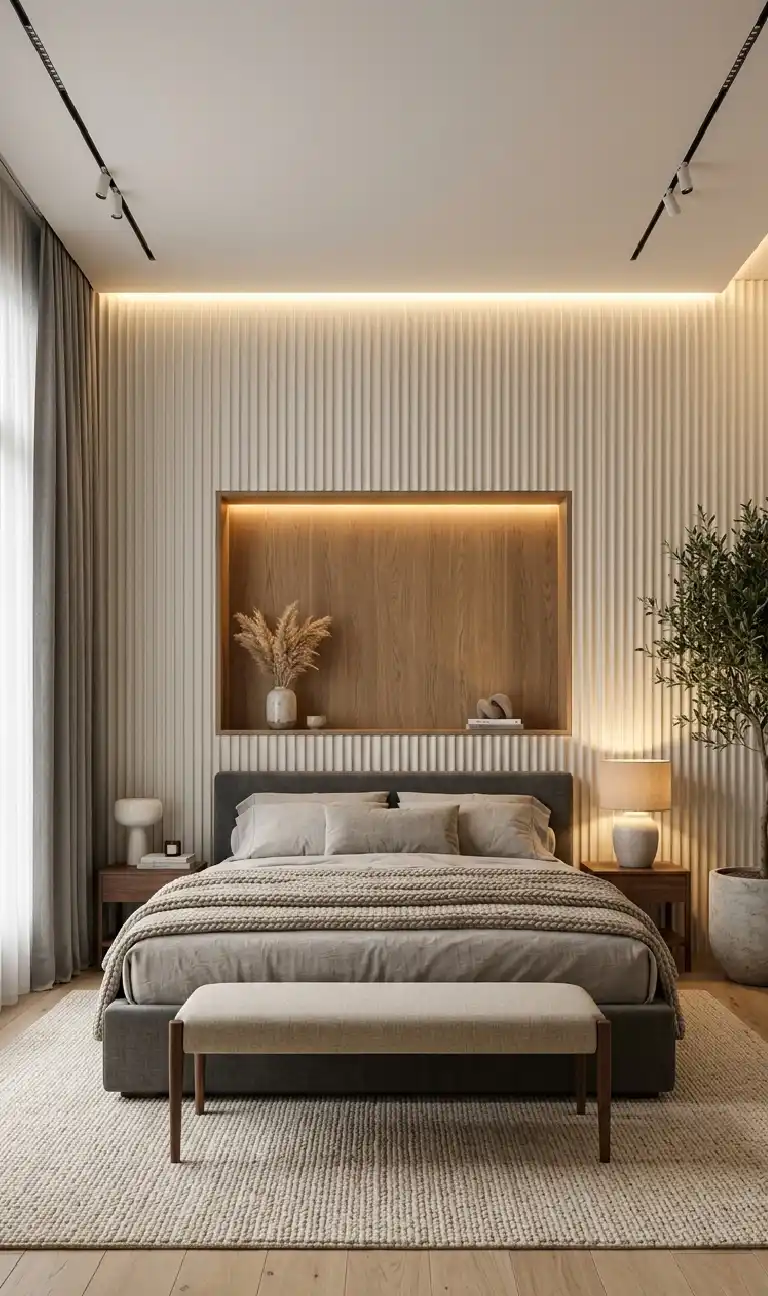 22 Luxury Modern Bedroom Ideas: Mastering the Dialogue Between Structural Volume and Tactile Warmth in 2026 - LUXURY MODERN BEDROOM DESIGN: THE FLUTED WALL & COVE LIGHTING CONCEPT