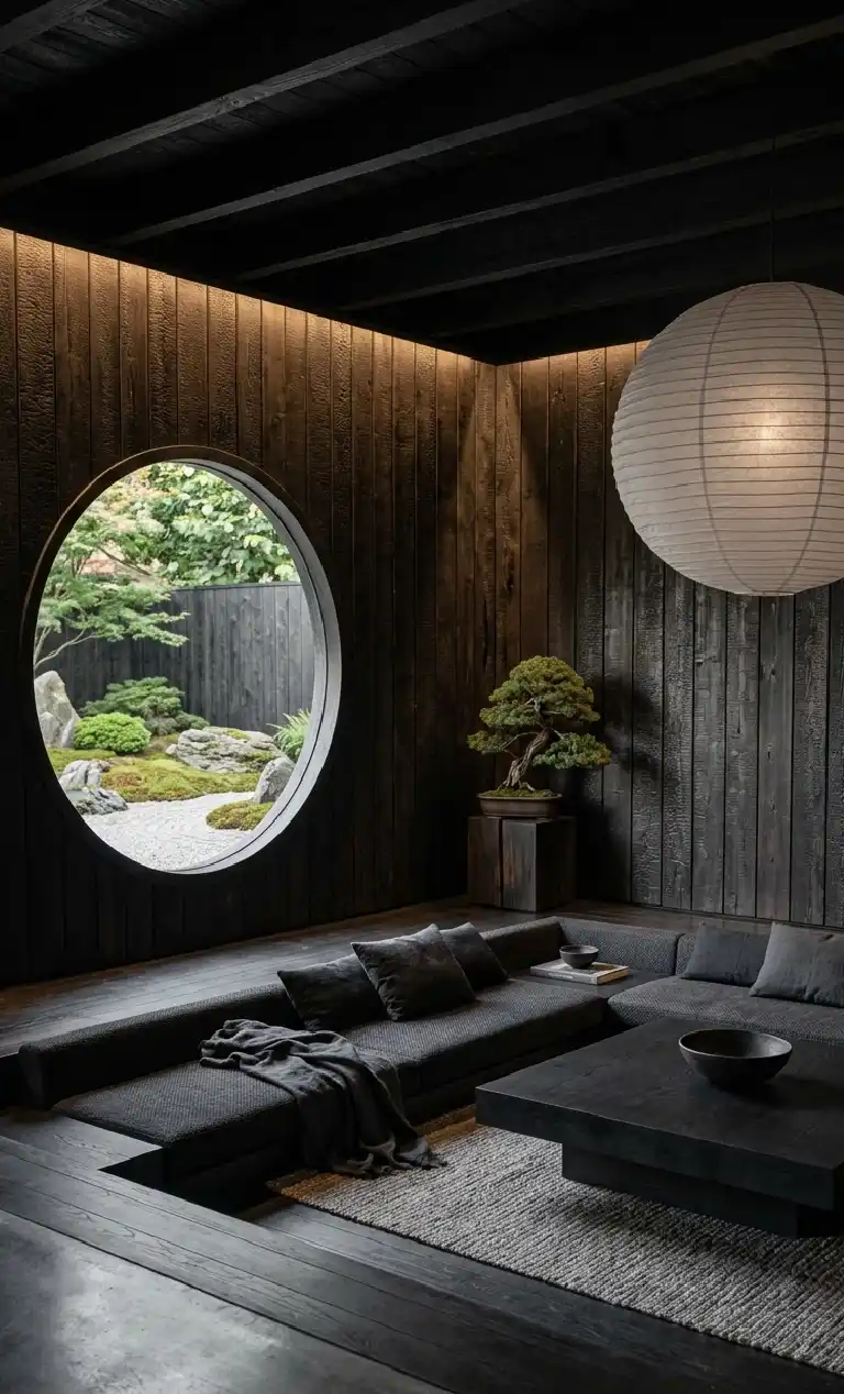 Obsidian Dreams: 22 Black Living Room Ideas to Transform Your Space 2026 - Zen Obsidian Minimalism living roon