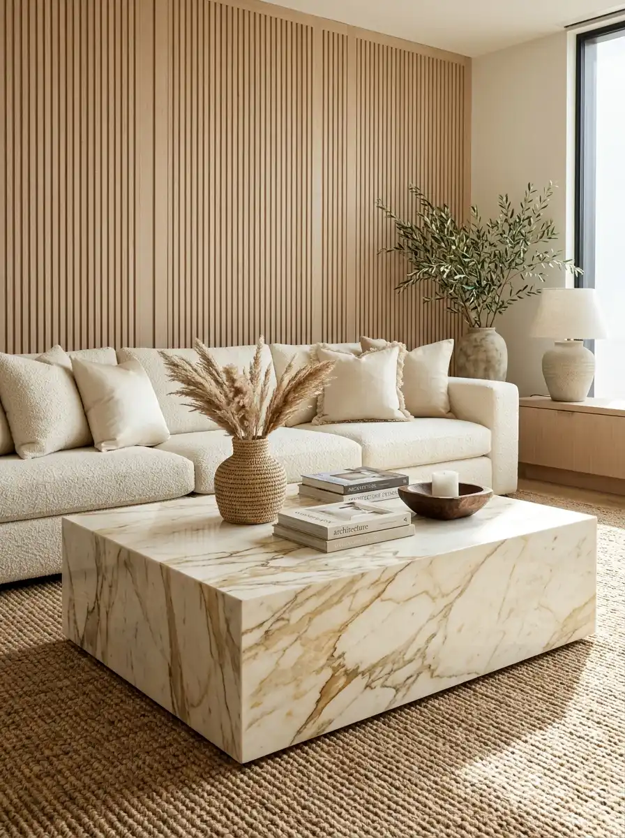Luxury Organic Modern Living Idea : The Monolithic Stone and Wood Sanctuary - Luxury Organic Modern Living Idea : The Italian Marble and Bouclé Centerpiece