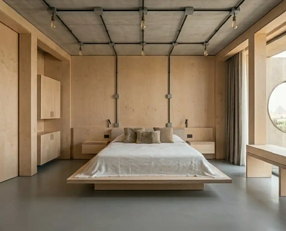 The Art of Japandi: 15  Inspiring Bedroom Designs for a Serene Sanctuary - Poured Resin and Plywood Japandi Bedroom Idea  Technical Description: Embracing a refined "industrial workshop" aesthetic, this room uses high-grade birch plywood for all interior construction, with the edges left exposed to show the laminated layers. 