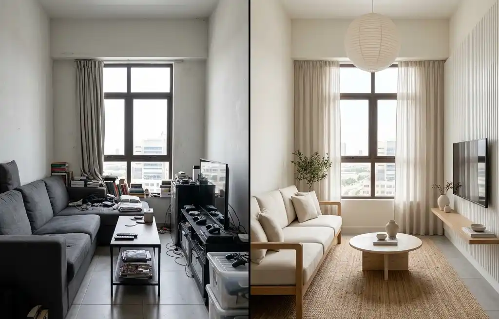 2. The Media Wall Evolution: A "Before & After" Tech Cleanup -  Modern Japandi living room before and after renovation with walnut furniture and oak slats