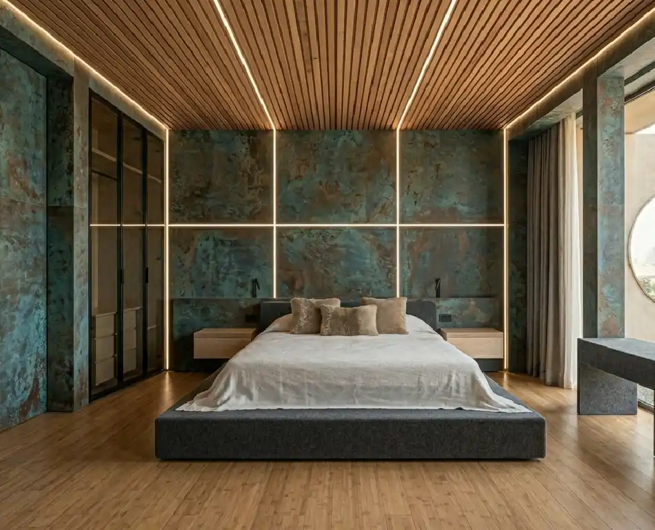 The Art of Japandi: 15  Inspiring Bedroom Designs for a Serene Sanctuary - Sintered Stone and Cedar Slat Japandi Bedroom Idea  Technical Description: Utilizing the latest in material technology, this bedroom features wall cladding made of 3mm-thick sintered stone panels that replicate the look of oxidized copper. This high-durability material is scratch, stain, and heat resistant. 