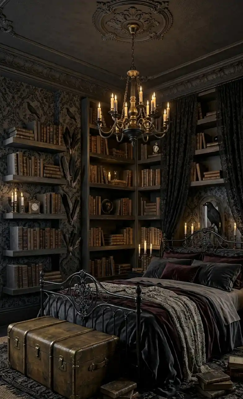 +20 Masterpieces of Shadow: The Ultimate Guide to Dark Moody Bedroom Design -  Antique furniture and pattern-heavy wallpaper provide a timeless, mysterious feel to this dark moody bedroom idea.