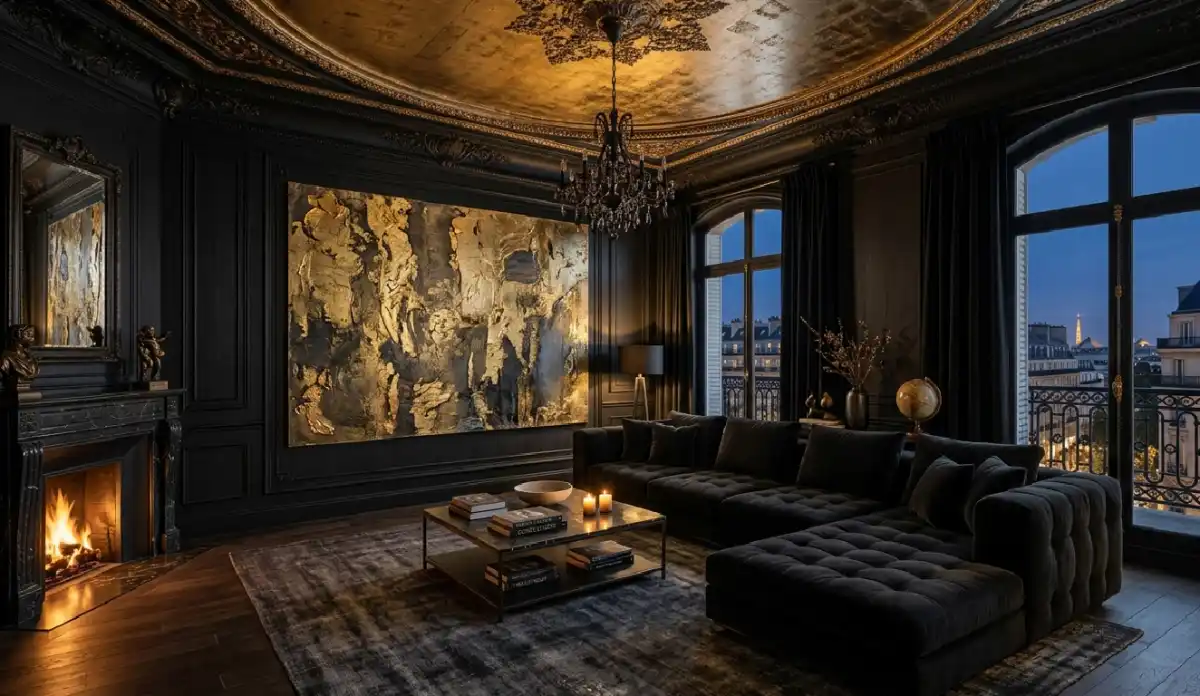 +20 Breathtaking Ideas to Master the Dark Living Room Style: A Definitive Guide to Moody Elegance, Cinematic Textures, and High-End Noir Interior Design for the Modern Home - 3. The Golden Ember Neoclassical Suite