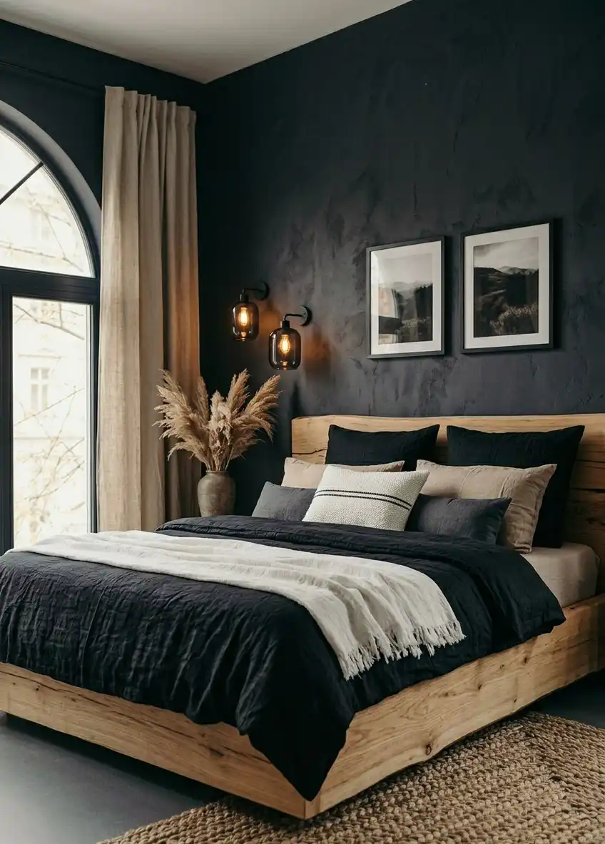 39+ Inspiring Bedroom Ideas: Where Rustic Simplicity Meets Dark Palace Elegance. - A textured and detailed photograph capturing a moody, cozy, and naturalistic bedroom with a focus on dark walls and natural wood. 