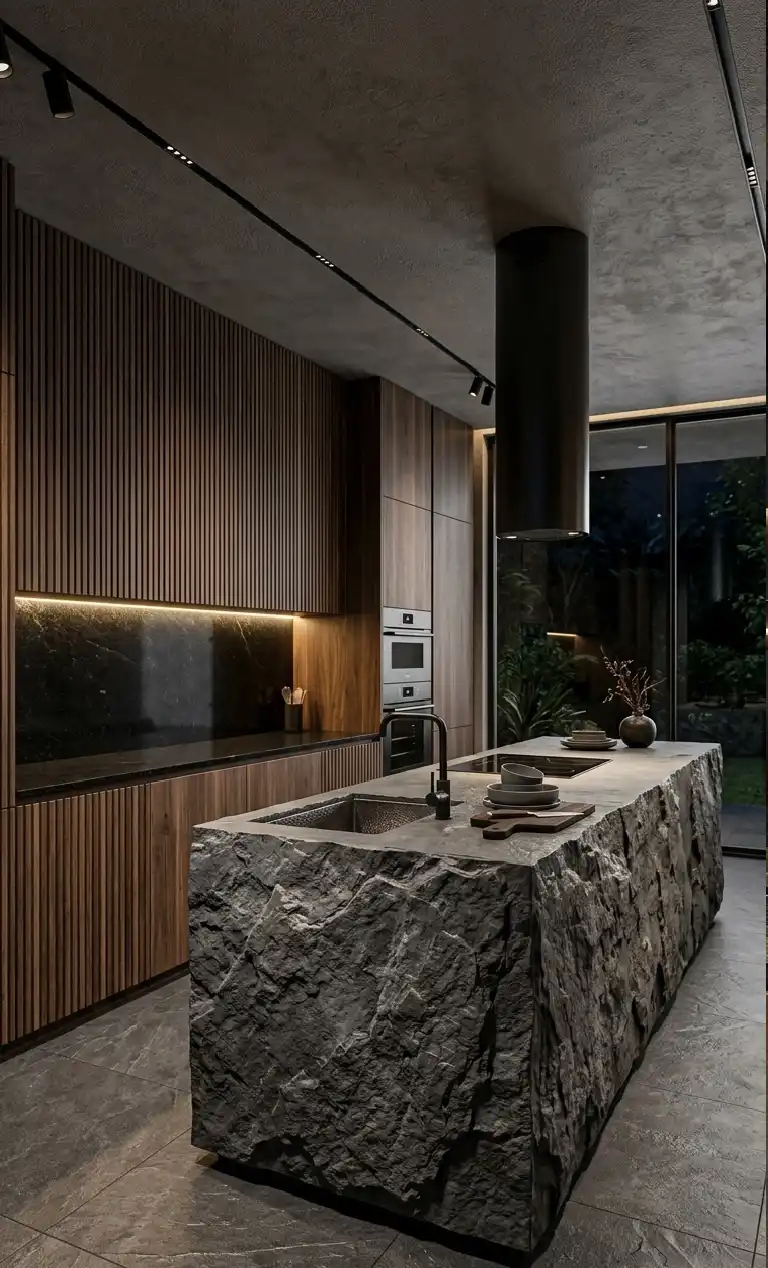 +30 Luxury Modern Kitchen Ideas: Redefining Industrial Noir and Japandi Minimalism - : Luxury Modern Kitchen Idea: Monolithic Slate Island and Textured Wood