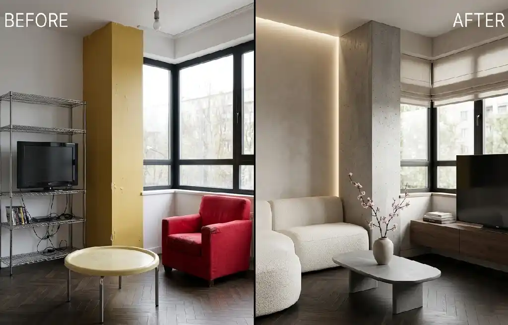 2. The Media Wall Evolution: A "Before & After" Tech Cleanup - The ultimate Japandi Before & After: Swapping bulky furniture for low-profile luxury and walnut textures.