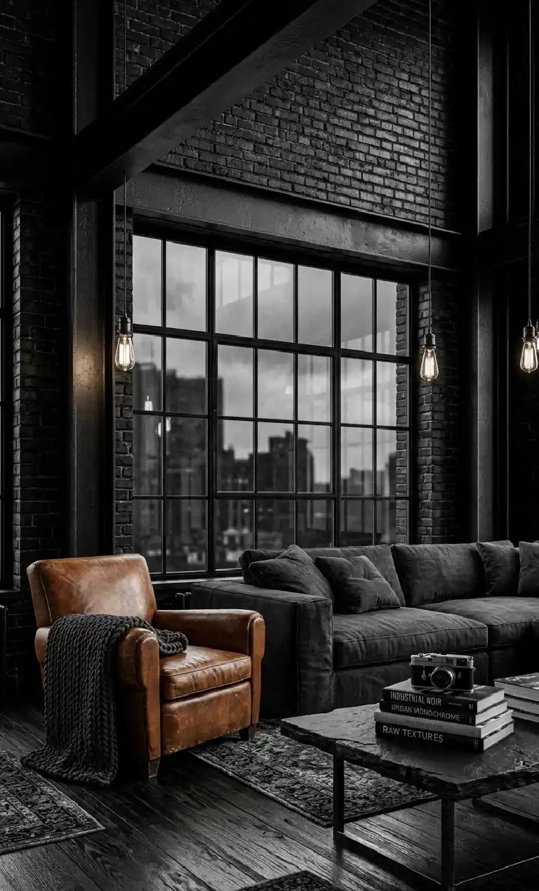 Obsidian Dreams: 22 Black Living Room Ideas to Transform Your Space 2026 -  The Industrial Noir Loft living roon