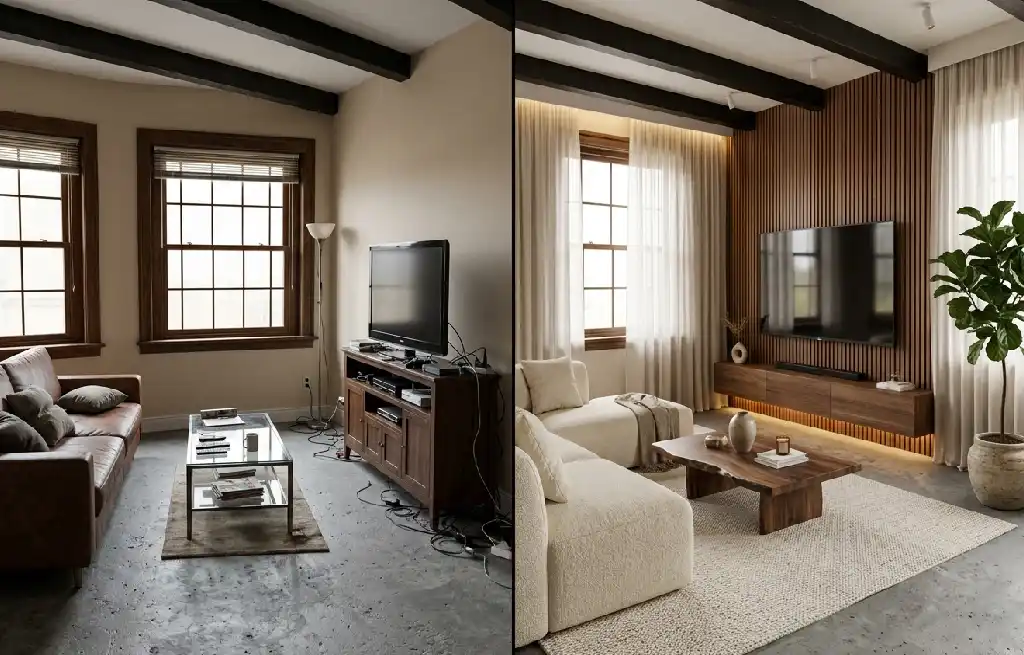 2. The Media Wall Evolution: A "Before & After" Tech Cleanup - From cluttered to calm. A stunning Before & After living room transformation featuring lime-wash walls and oak slats.