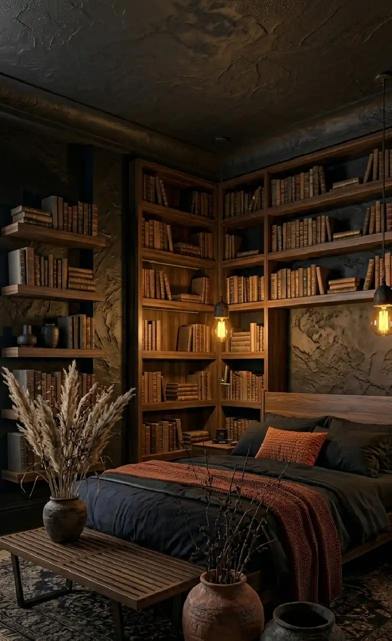 +20 Masterpieces of Shadow: The Ultimate Guide to Dark Moody Bedroom Design -  Using organic materials like clay and linen, this dark moody bedroom idea feels grounded, natural, and sophisticated. 