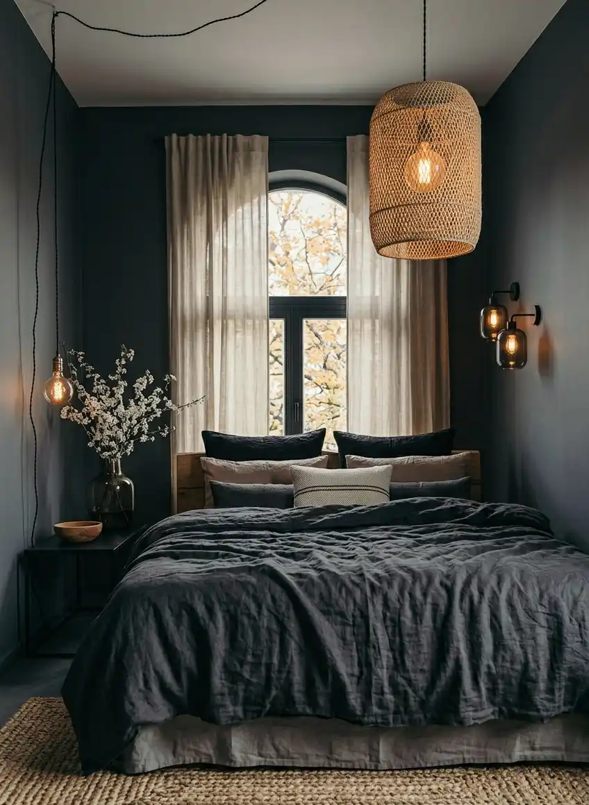 39+ Inspiring Bedroom Ideas: Where Rustic Simplicity Meets Dark Palace Elegance. - A high-end interior design photograph of a moody, contemporary bedroom. The focal point is a bed dressed in heavy, rumpled charcoal grey linen bedding with visible natural creases.