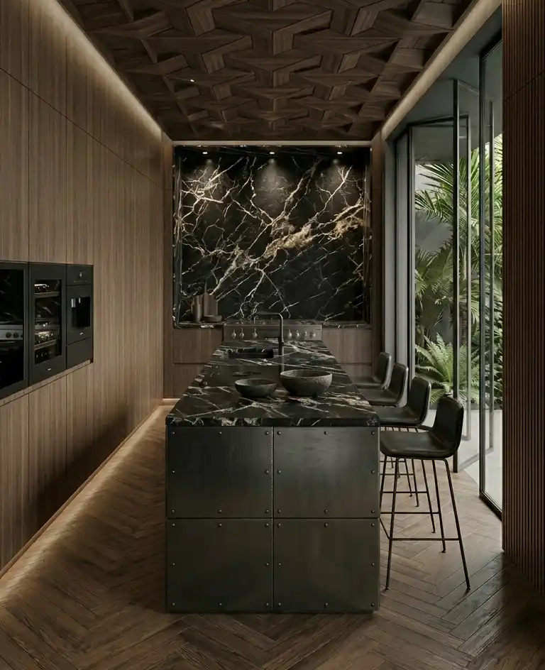 +30 Luxury Modern Kitchen Ideas: Redefining Industrial Noir and Japandi Minimalism -  Luxury Modern Kitchen Idea: Geometric Wood Paneling and Stone