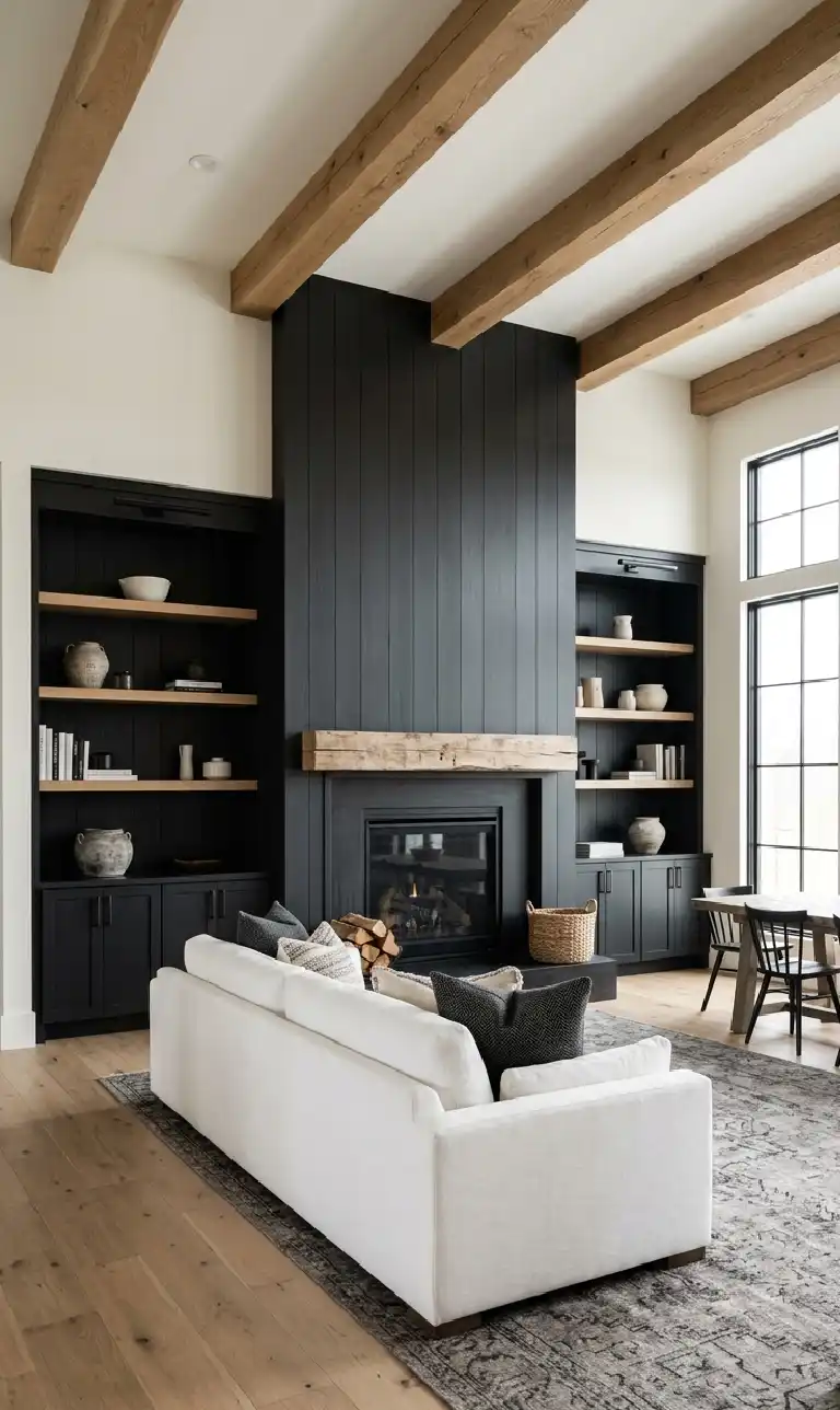 24 Moody Living Room Ideas That Redefine Dark Elegance with Bright Accents -  A stunning, symmetrical great room that balances dark, sophisticated millwork with organic warmth.