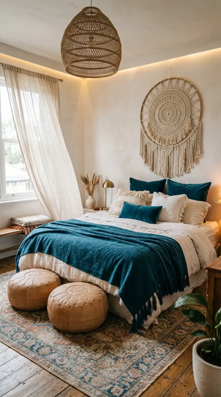 Elegant BOHO Bedroom Idea: The Gallery Wall Suite - Elegant BOHO Bedroom Idea: Moroccan Teal Accents