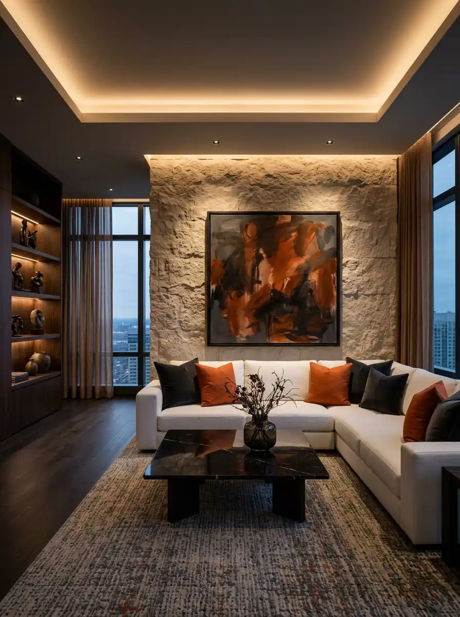 Luxury Organic Modern Living Idea : The Italian Marble and Bouclé Centerpiece - Luxury Organic Modern Living Idea : The Earthy Ochre and Limestone Statement