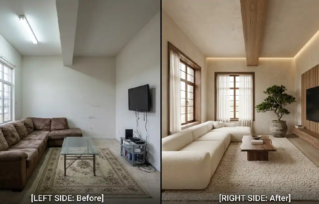 2. The Media Wall Evolution: A "Before & After" Tech Cleanup - Watch this living room evolve from basic modern to a bespoke Japandi sanctuary. The power of architectural lighting!