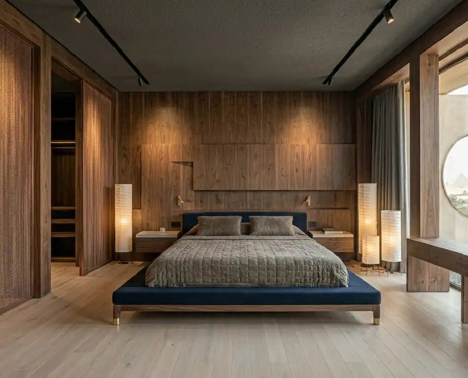 The Art of Japandi: 15  Inspiring Bedroom Designs for a Serene Sanctuary - Copper Mesh and Dark Walnut Japandi Bedroom Idea  Technical Description: The final design in this series uses industrial copper mesh screens to divide the sleeping area from the ensuite bathroom or dressing room.