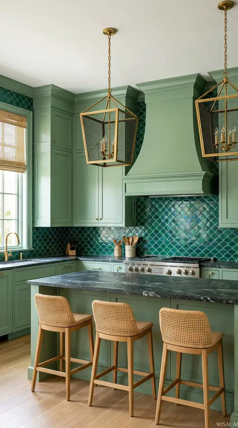 5. Bold Backsplashes and Statement Lighting (Inspired by Coastal Elegance)